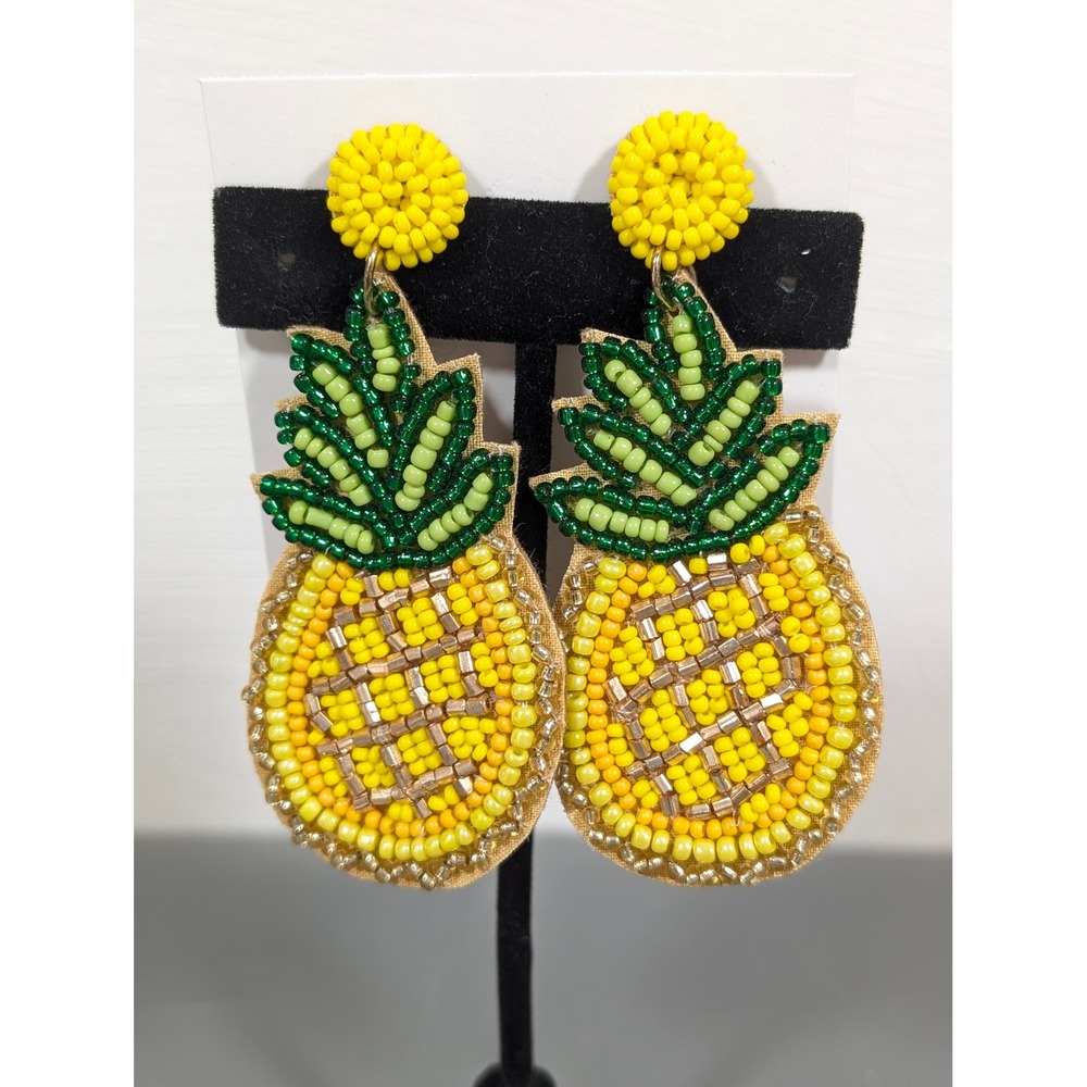 Beaded Pineapple Statement Earrings Yellowβ Green Tropical Dangle Felt Back NWT
